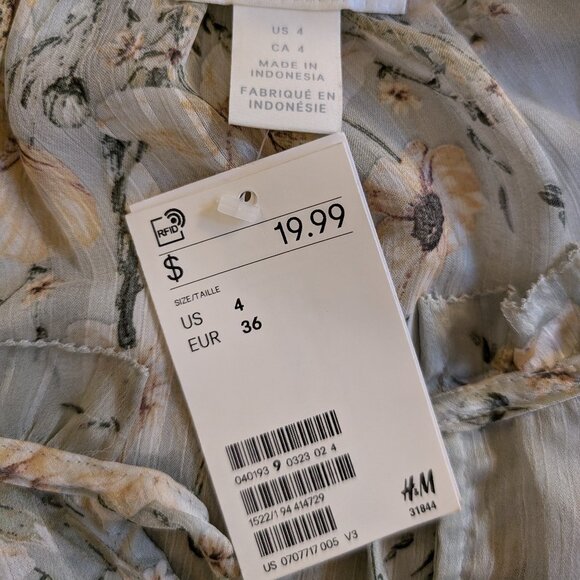 WOMEN'S BLOUSE H&M New With Tags 4 Mint Green Yellow Flowers Button Ties Flowy - Picture 2 of 7